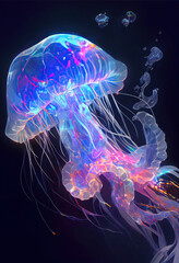 Fototapeta premium jellyfish illustration, neon, bioluminescence, anime style