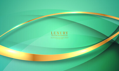 3D green luxury abstract background overlap layers on bright space with golden curve decoration. Waves style concept. Graphic design element for banner, flyer, card, brochure cover, or landing page