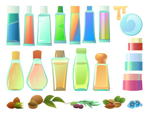 Set Cosmetics creams and natural oils objects. Liquids for skin and hair care. Tinctures and medicinal useful nutritional compositions of substances. Isolated on white background. Vector.
