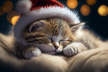 a kitten wearing a Santa's hat sleeps on a fluffy pillow.