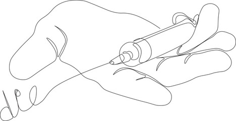 Fototapeta premium Continuous one line drawing of a syringe with a needle lying in the hand with the inscription 