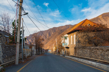 Street in Ilisu village at autumn season. Northern Azerbaijan Gakh