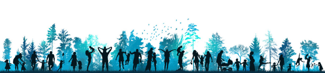 Obraz na płótnie Canvas Silhouettes of people in nature. Family in the blue park. Vector illustration