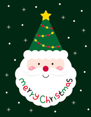 Cute santa grandfather illustration in christmas concept. Santa is smiling and wearing a tree shaped hat with stars and light bulbs.