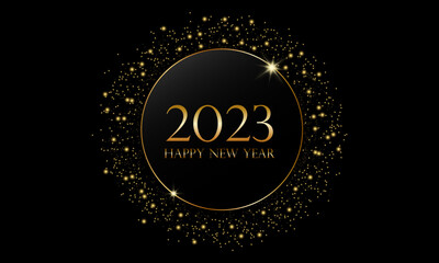Shiny golden frame 2023 New Year. Modern luxury black shape and gold glitter gold ring on dark background. Golden circle abstract background. Vector EPS 10