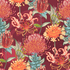 Vector seamless pattern with traditional African flowers and plants and abstract texture.