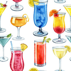 watercolor drawing seamless pattern with cocktails at white background,hand drawn illustration
