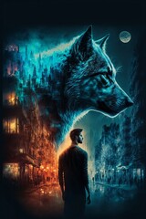 A wolf and a man in the city