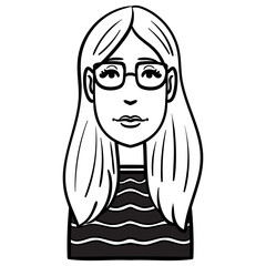 young girl with glasses and long hair. Monochrome cartoon avatar vector.