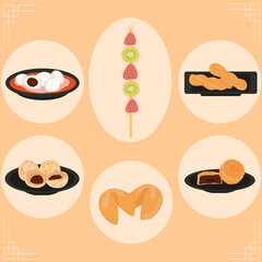 Chinese desserts. Icon set. National sweets. Asian food.