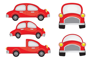 Red car set. Cartoon Vehicles. Vector illustration of ground transportation