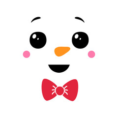 Funny snowman face on white background. Snowman head with red bow. Christmas decoration. Cartoon flat style vector illustration.