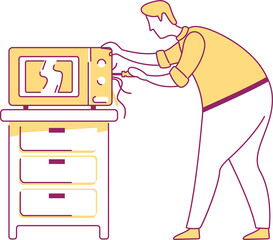 Maintenance worker fixing broken microwave semi flat color raster character. Posing figure. Full body person on white. Simple cartoon style illustration for web graphic design and animation