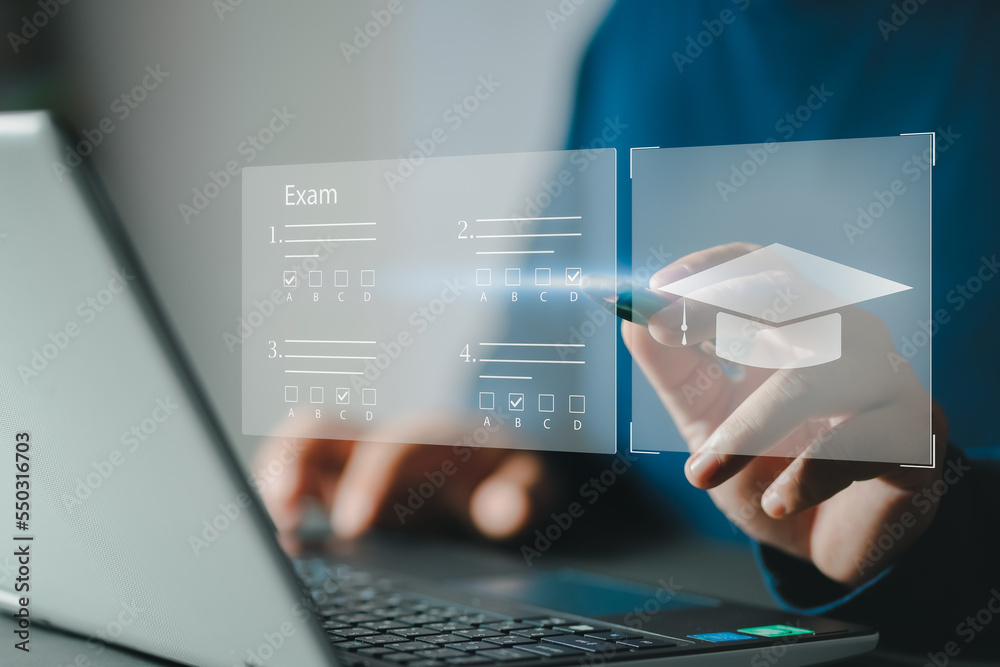 Poster online exam concept, choose correct answer in test. checklist and online testing on laptop. online e