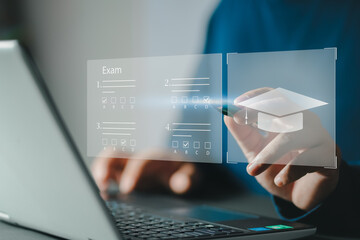 online exam concept, choose correct answer in test. checklist and online testing on laptop. online exam test with laptop. on-line questionnaire results on desktop. quiz.