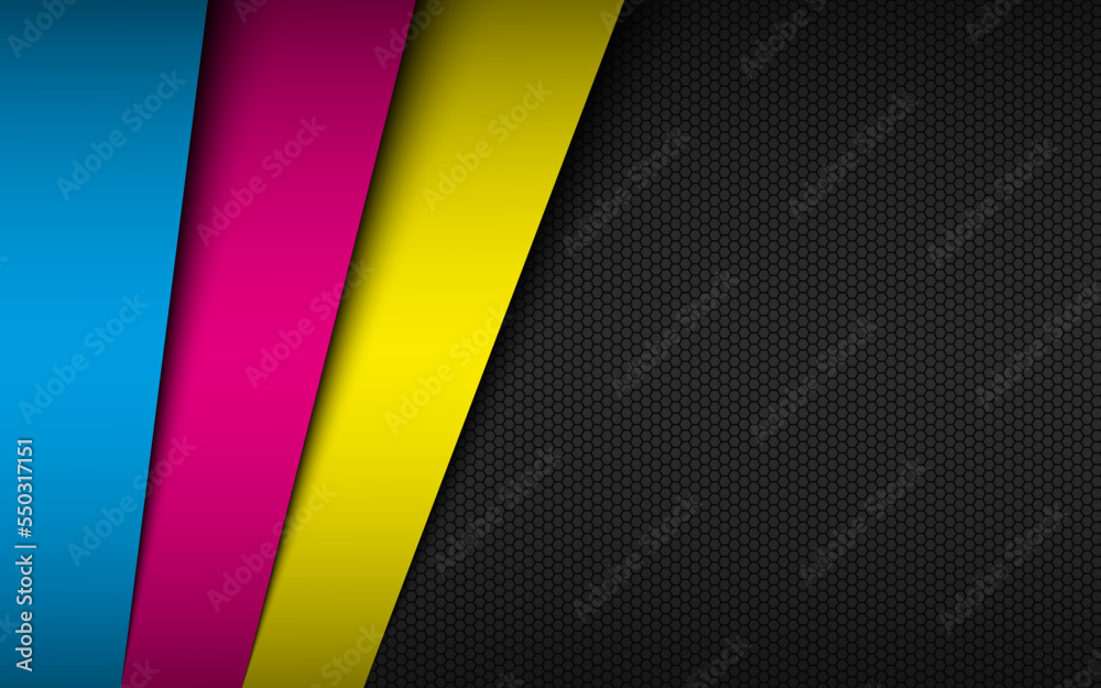 Wall mural black material background with stripes in cmyk colors and hexagonal grid pattern. print design banne