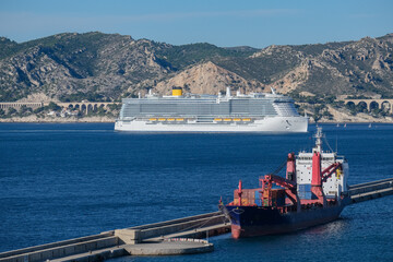 Costa cruiseship or cruise ship liner Toscana in Marseille Provence port on sunny day blue sky...