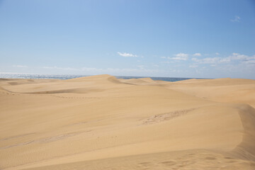 sand dunes . Famous natural park Maspalomas dunes in Gran Canaria at sunset, Canary island, Spain