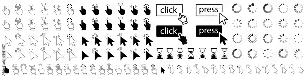 Poster Mouse click cursor set. Click icon. Hand Cursor. Mouse pointer set. Arrow cursor. Computer mouse click cursor gray arrow icons. Vector illustration