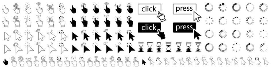 Mouse click cursor set. Click icon. Hand Cursor. Mouse pointer set. Arrow cursor. Computer mouse click cursor gray arrow icons. Vector illustration