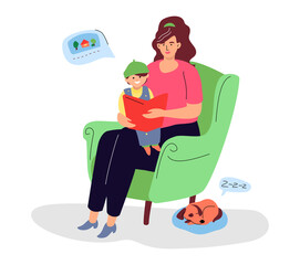 Mother reading a book to her son - colorful flat design style illustration