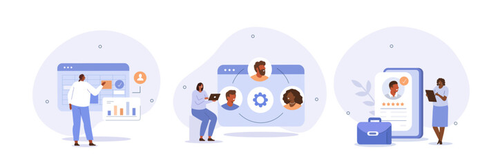 Business illustration set. Characters hiring new employees, planning human resources and schedule to increase productivity and quality of work. Workforce management concept. Vector illustration.
