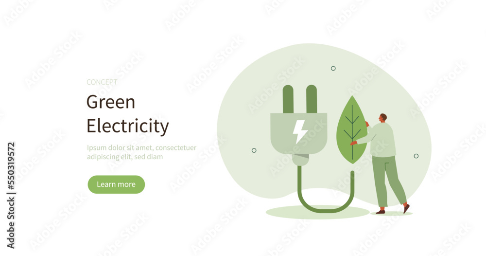 Wall mural Sustainable power. Character using clean renewable energy resources and green electricity. Climate change concept. Vector illustration.