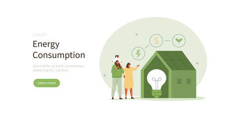 Characters living in low energy house, reduce electricity consumption, saving climate. Energy efficiency in household concept. Vector illustration.