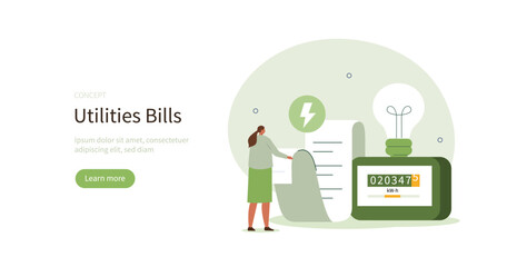 Character calculating utility bill and worrying about costs increase. Energy efficiency and utilities consumption at home concept. Vector illustration.
