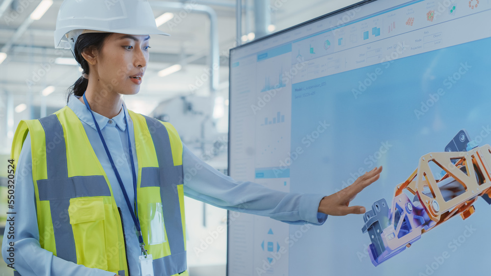 Poster factory office meeting: female chief engineer explaining new workflow for heavy industry hydraulic p