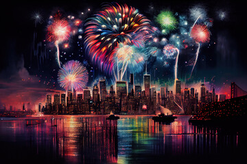 colorful abstract midjourney illustration of New York on New Year´s eve with fireworks over the city