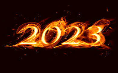 fiery numbers 2023 with sparks and smoke on a black background.