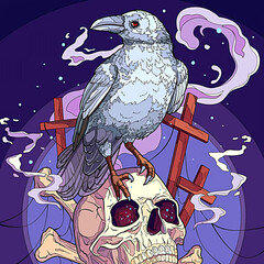 Fototapeta premium Happy Halloween, illustration of a crow, skull at night 