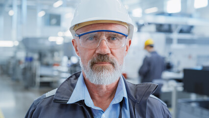 Portrait of a Middle Aged, Successful Male Engineer in White Hard Hat and Safety Glasses, Standing...