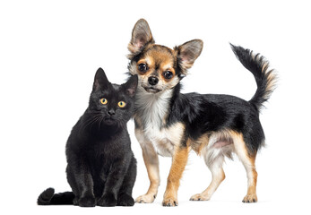 Cat and dog together looking at the camera, isolated on white