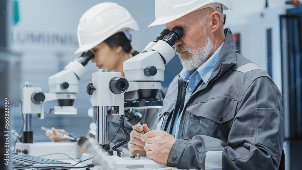 Poster middle aged industrial scientist and younger asian engineer working at a desk in a factory facility,