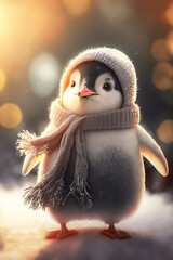 Little cute baby penguin on cold Winter Christmas day in warm clothes. Snowy background. Illustration of a small fictional creature from a child's imagination. - obrazy, fototapety, plakaty