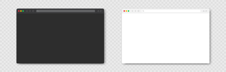 Browser window set in night and light mode theme on transparent background. Window internet browser concept in flat dark and white style. Blank screen website mockup. Vector illustration