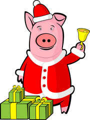 A pig dressed in a red dress and red hat with Christmas gifts is holding a golden bell.
