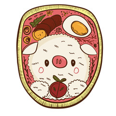 Doodle Asian food plate with rice and vegetables. Kawai pig hand drawn illustration for coloring page