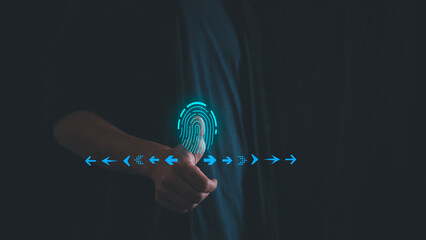 businessmen Fingerprint scanning and biometric authentication, processing of biometric for access personal data. surveillance and security scanning of digital programs cyber futuristic applications