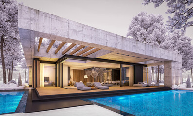 3d rendering of new concrete house in modern style with pool and parking for sale or rent and beautiful landscaping on background. One floor house. Cool winter evening with cozy light from windows