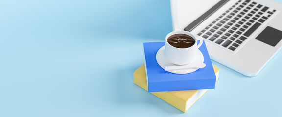 Coffee, tea, book and happy job. Minimal modern workspace with laptop, focus on coffee cup with saucer, teaspoon and coffee break lettering. office workplace with modern. 3d rendering illustration