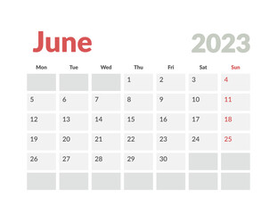 Monthly Calendar Template of june 2023. Vector layout simple calendar with week start monday.