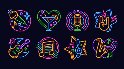 Karaoke bar event neon icons set