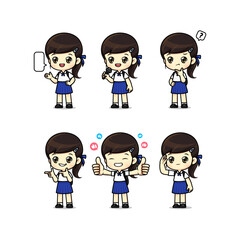 Set of cute girl student in school uniform mascot character