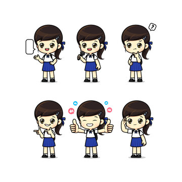 Set of cute girl student in school uniform mascot character