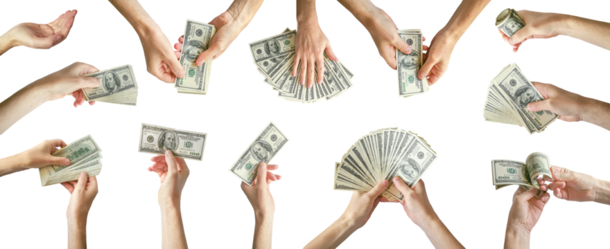 Collection of hundred-dollar banknotes in hands isolated on white background, close view.