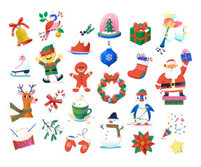 Collection of images representing Christmas and winter season. Decorations, ornaments, foods and characters. Christmas icons and stickers to create holiday greeting cards, party invitation posters