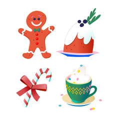 Collection of images to create invitation posters and greeting cards for Christmas and winter holidays. Isolated vector decorations. Traditional foods  treats and desserts. Cake, cookies and cocoa